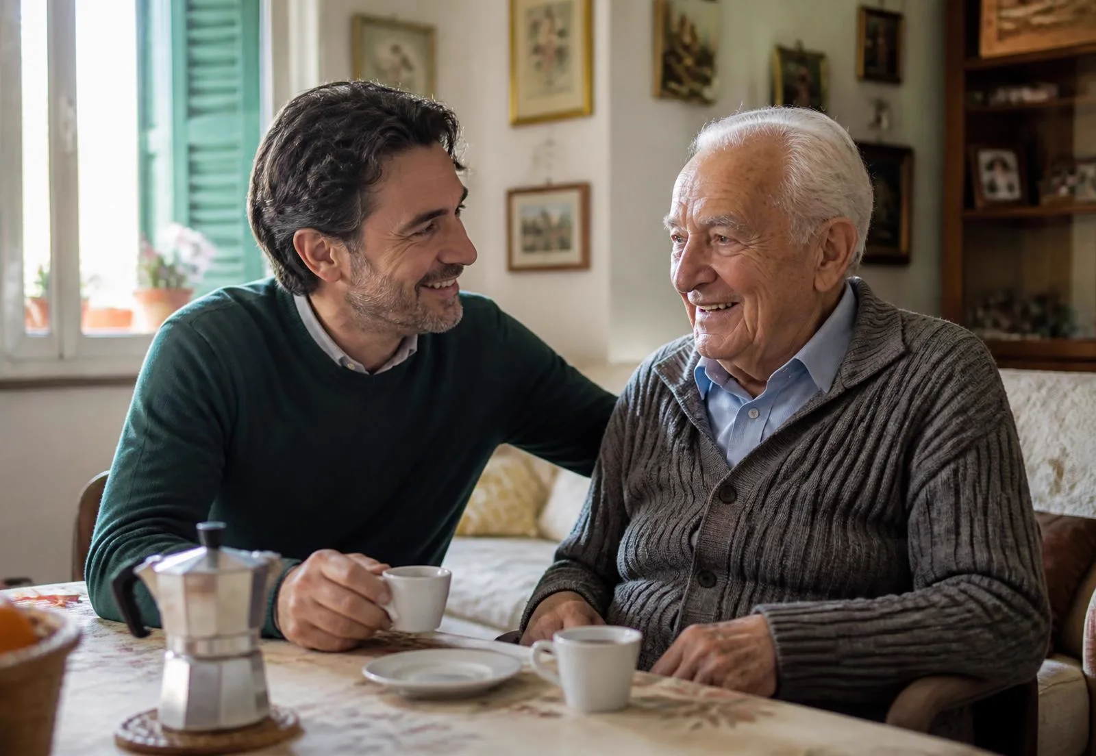Un assistente uomo e un signore anziano seduti al tavolo di casa mentre parlano davanti a un caffè